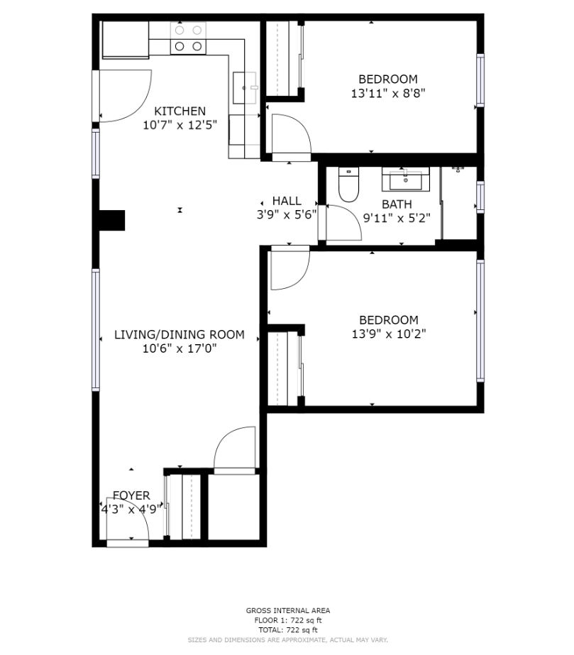 Floor plan for 2 beds, 1 bath, 650 sqft